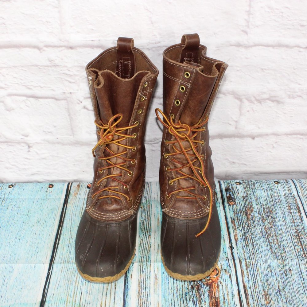 LL BEAN 11" Brown Leather Rubber Unlined Lace-up Ankle Duck Boots M 8 / L 10 - Picture 5 of 8